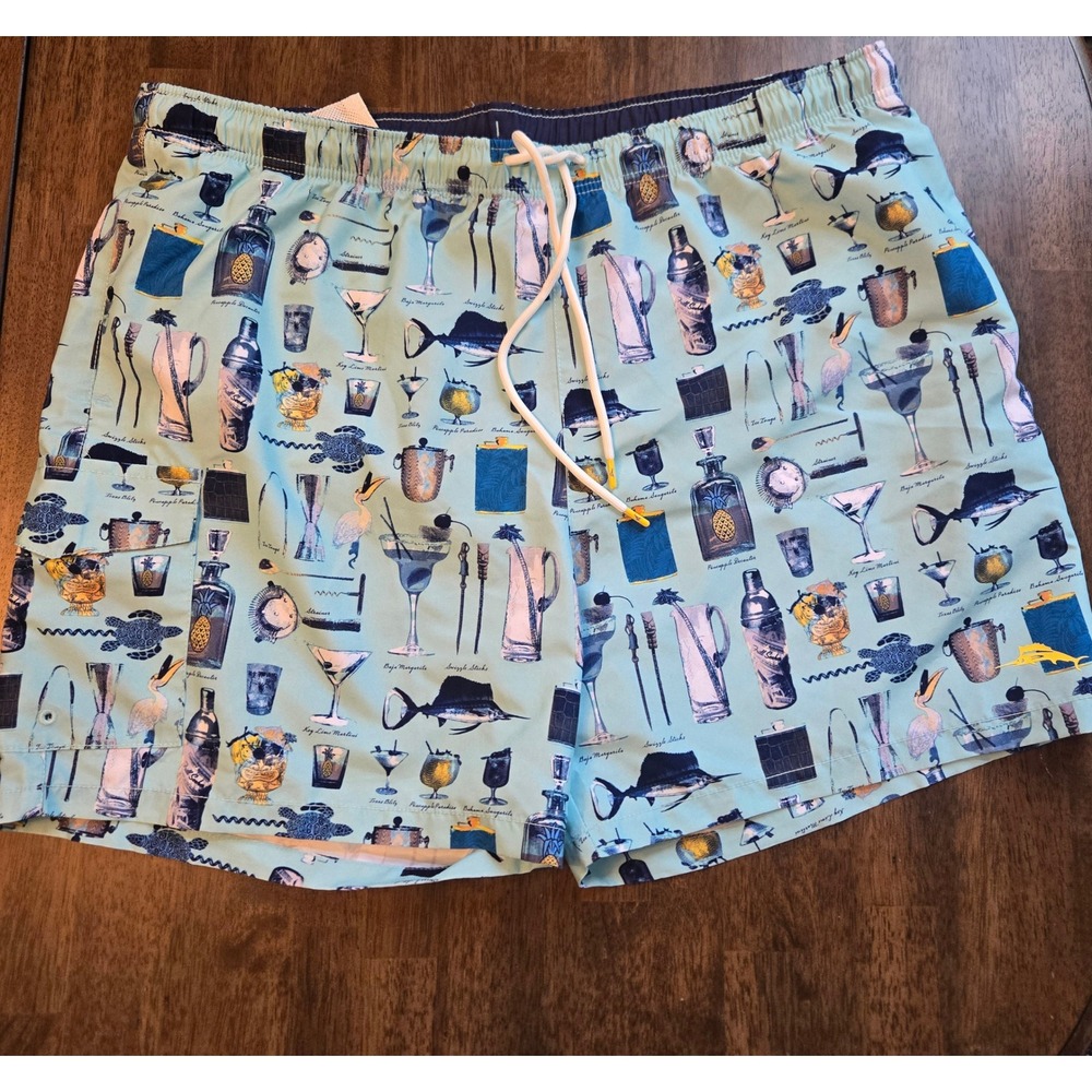Tommy Bahama Mens 1XLB Swim Trunks Cocktail Barware Print Aqua Blue Board Shorts